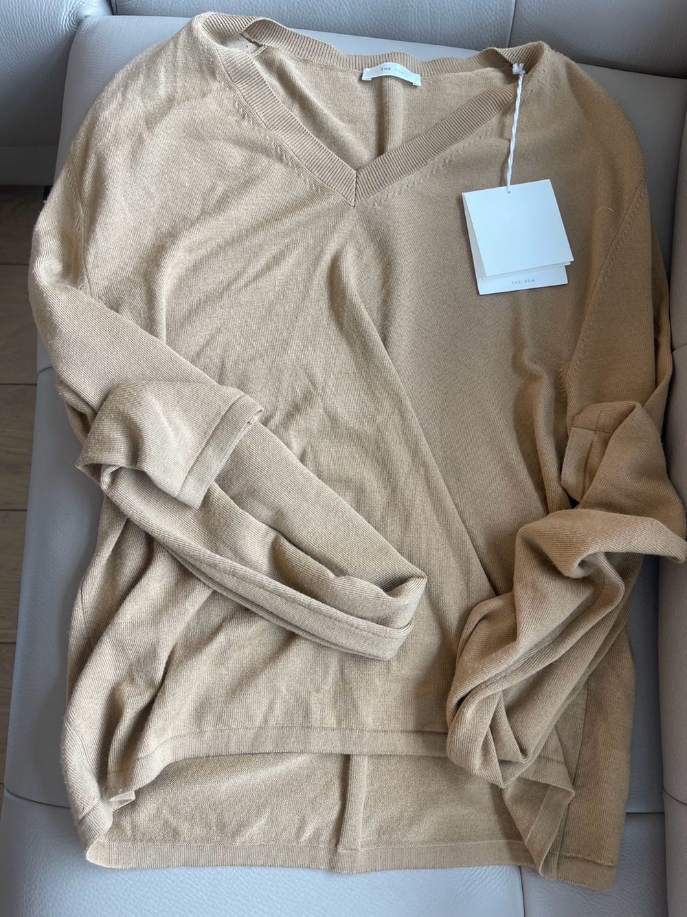 The Row V-Neck Sweater in Camel Beige